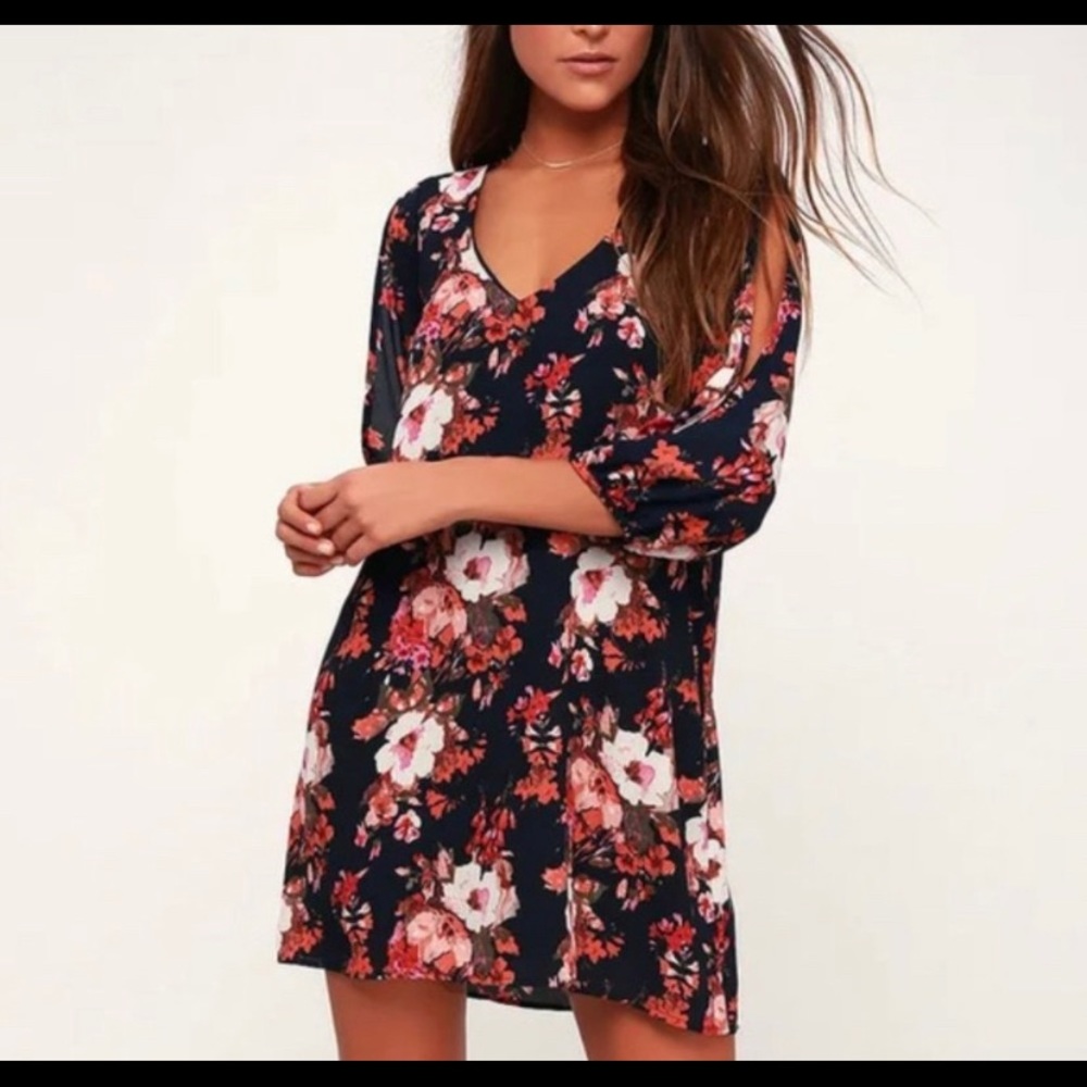 Lulu’s Navy Floral Dress with Split Sleeve